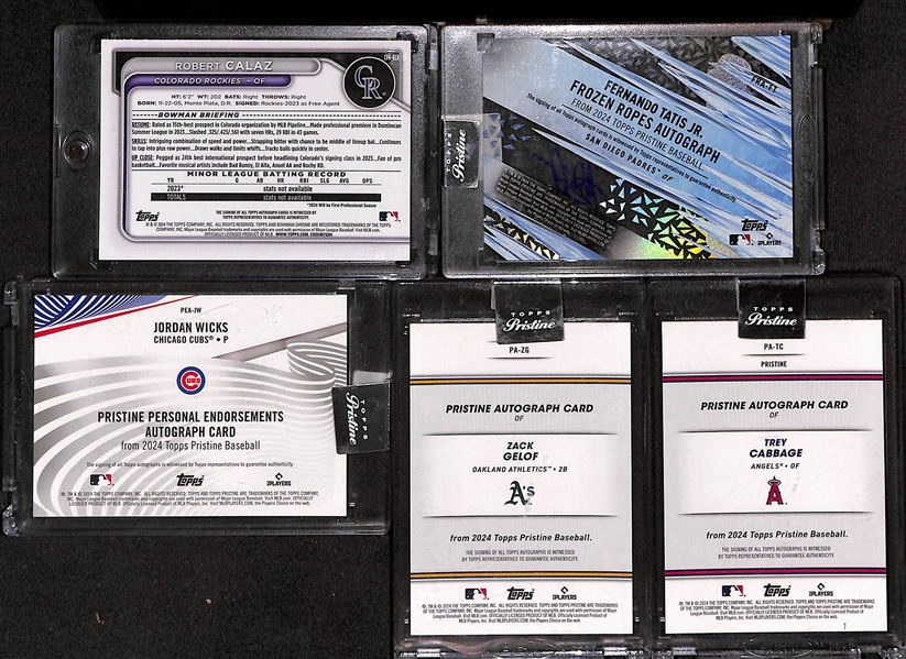 Lot of (5) 2024 Baseball Autograph Cards inc. Bowman Chrome Robert Calaz Green Shimmer (#/99), Pristine Fernando Tatis, +