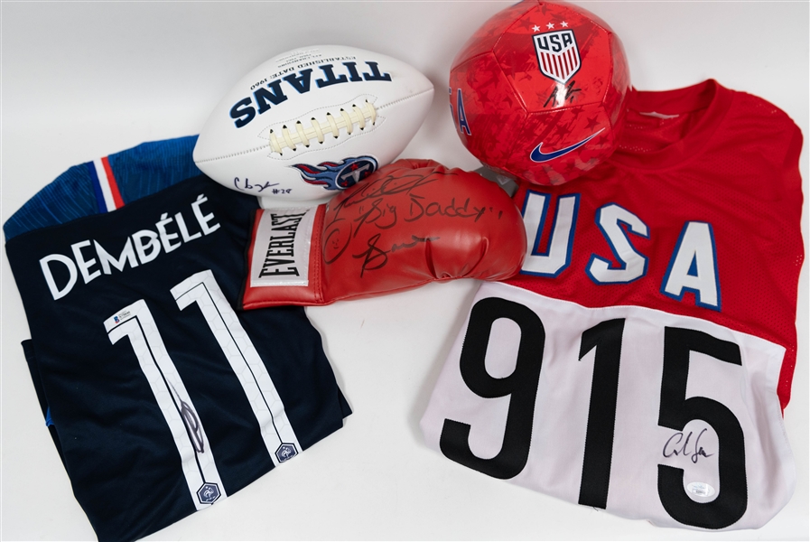 Signed Sports Memorabilia Lot inc. Carl Lewis, Riddick Bowe, Chris Johnson, Alyssa Naeher, & Ousmane Dembele (+JSA Auction Letter)