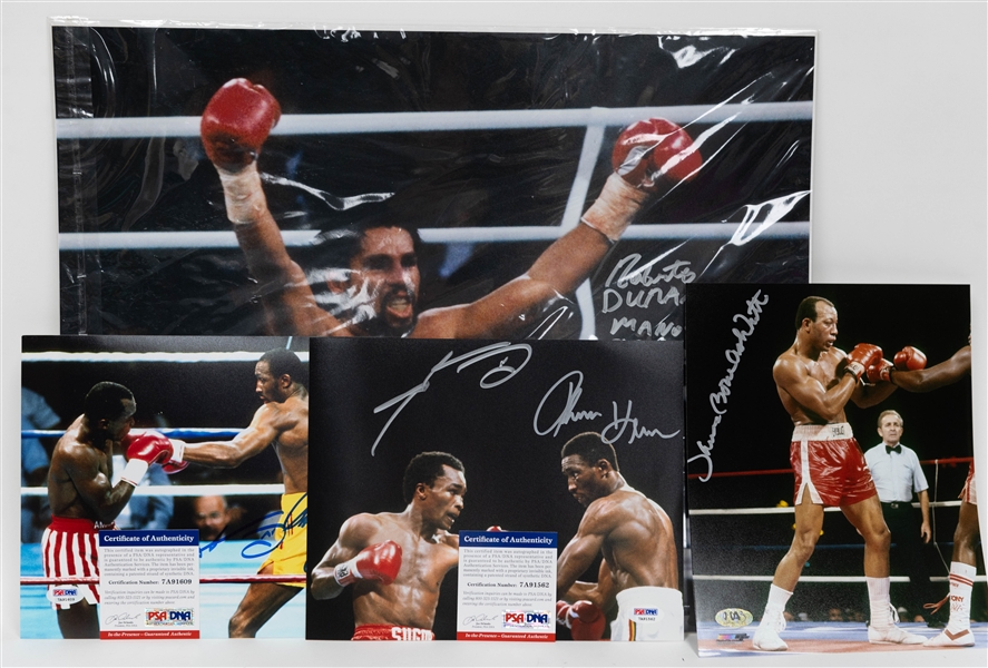 Lot of (4) Signed Boxing Photos Featuring Duran, Leonard, Holmes, Smith (+JSA Auction Letter)