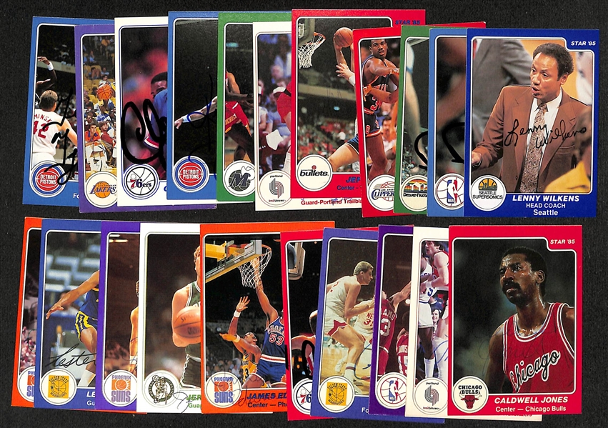 Lot of (20+) Signed 1984-85 Star Basketball Cards inc. Lenny Wilkens, (2) Dan Issel, Marques Johnson, Jeff Ruland, + (JSA Auction Letter)