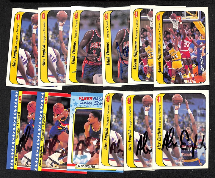 Lot of (12) Signed Fleer Basketball Cards - (2) Akeem Olajuwon, (2) Isiah Thomas, (8) Alex English (JSA Auction Letter)