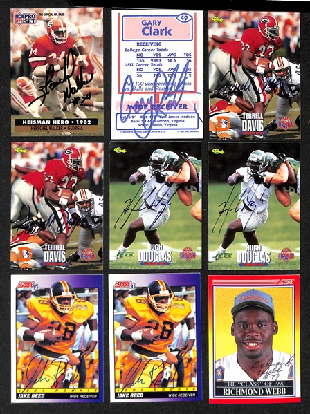 Lot of (300+) Signed Mostly College + Rookie + USFL Football Cards inc. Herschel Walker, Gary Clark, (2) Terrell Davis, (2) Hugh Douglas, + (JSA Auction Letter)