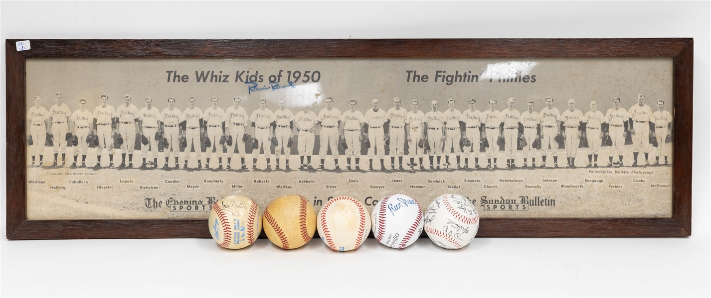 Lot of (4) Signed Baseballs inc. George Brett, Tug McGraw, Curt Shilling & The Whiz Kids Framed Picture (+JSA Auction Letter)