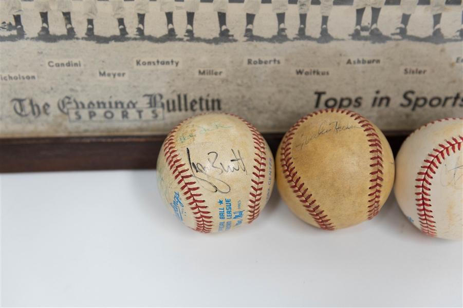 Lot of (4) Signed Baseballs inc. George Brett, Tug McGraw, Curt Shilling & The Whiz Kids Framed Picture (+JSA Auction Letter)