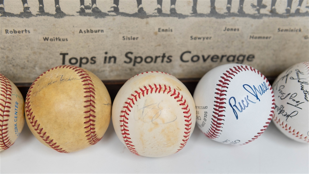 Lot of (4) Signed Baseballs inc. George Brett, Tug McGraw, Curt Shilling & The Whiz Kids Framed Picture (+JSA Auction Letter)