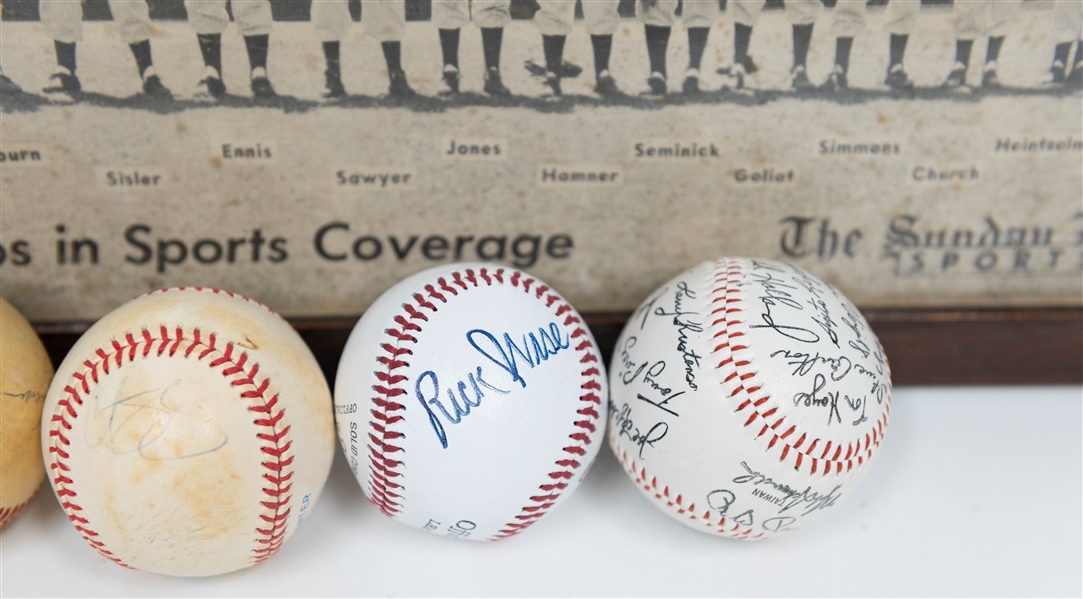 Lot of (4) Signed Baseballs inc. George Brett, Tug McGraw, Curt Shilling & The Whiz Kids Framed Picture (+JSA Auction Letter)