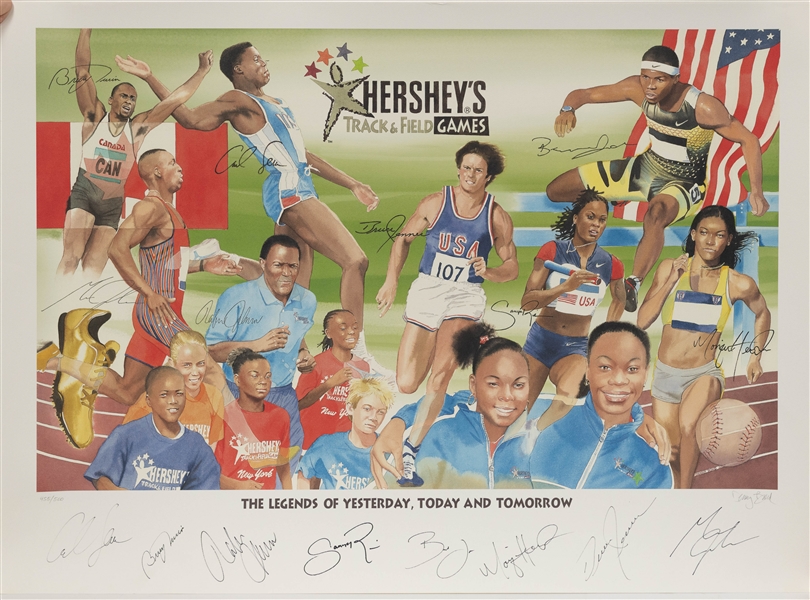 Lot of (6) Multi-Signed (15+ Signatures) Hershey's Track & Field Games Lithograph w. Carl Lewis, Bruce Jenner (+JSA Auction Letter)