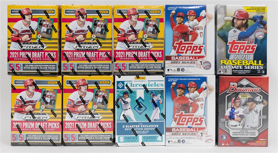 Lot of (10) Sealed Baseball Blaster Boxes w. Prizm Draft Picks/Series 2/Chronicles/Topps Update/Bowman