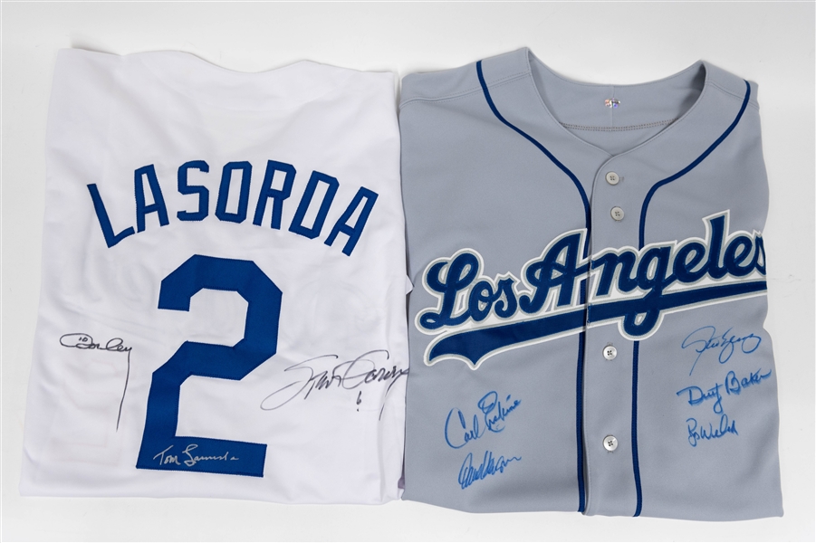 Lot with (2) Signed Los Angeles Dodgers jerseys inc. HOFer Lasorda, Garvey, Cey (+JSA Auction Letter)