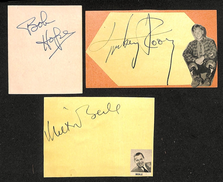 Autograph Lot - Bob Hope, Mickey Rooney, & Milton Berle Signed Cardboard Cuts (JSA Auction Letter) 