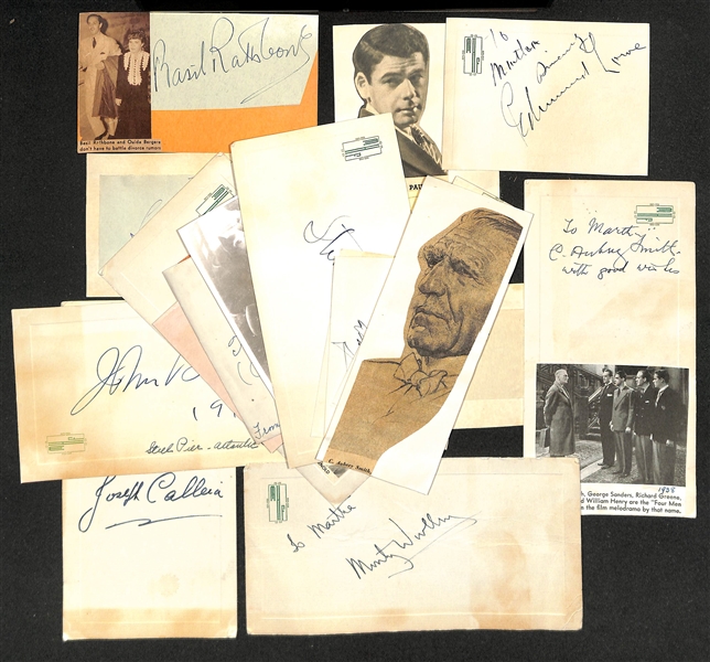 Lot of (15) Movie Actor Cardboard Cut Autographs w. Basil Rathbone & Leslie Howard