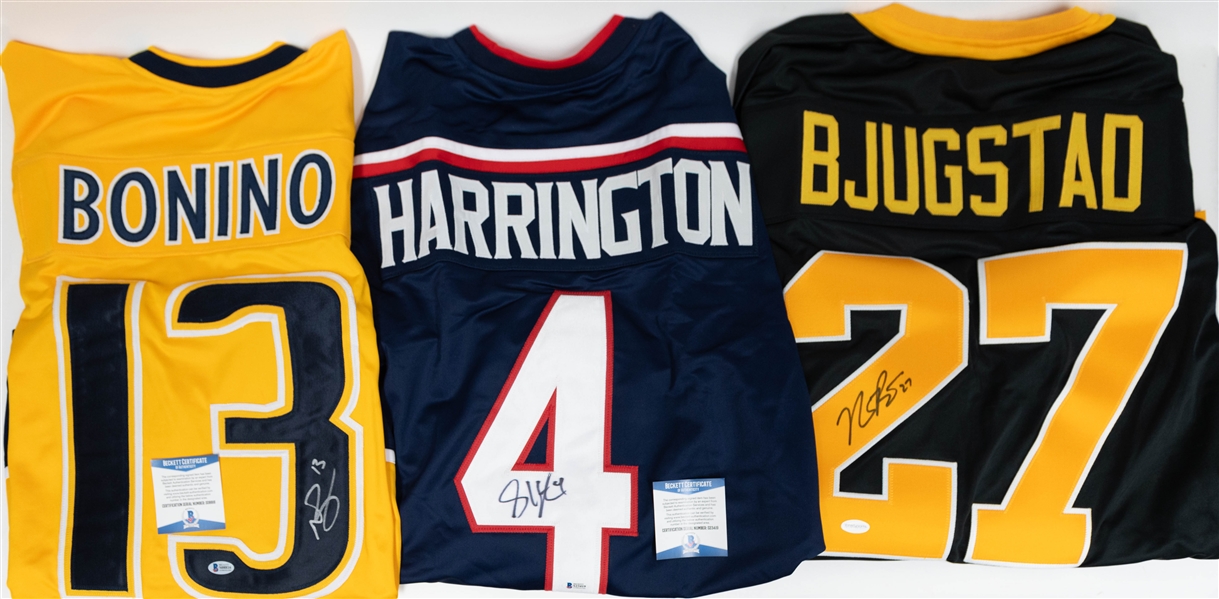 Lot of (3) Signed Custom Hockey Jerseys w. Scott Harrington, Nick Bonino, & Nick Bjugstad (JSA Auction Letter)