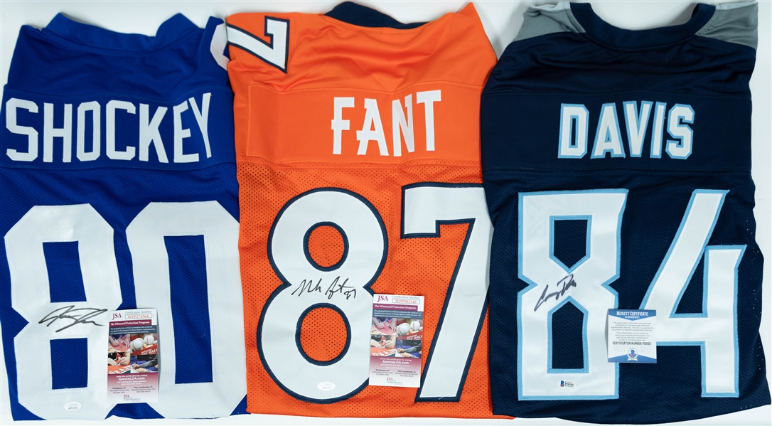 Lot of (3) Signed Custom Football Jerseys w. Tight Ends Shockey, Fant & Wide Receiver Davis (JSA/BAS)