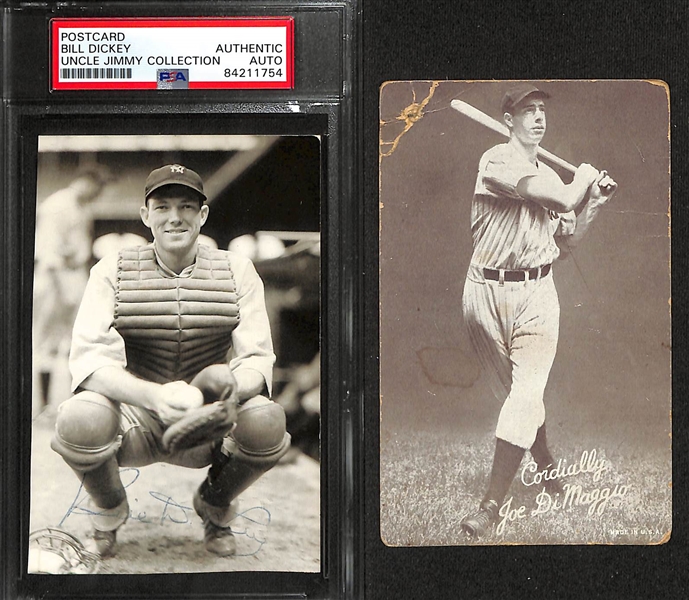 1939-1946 Joe DiMaggio Exhibit Card & PSA Bill Dickey Autographed Postcard (Part of the Uncle Jimmy Collection)