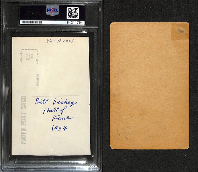 1939-1946 Joe DiMaggio Exhibit Card & PSA Bill Dickey Autographed Postcard (Part of the Uncle Jimmy Collection)