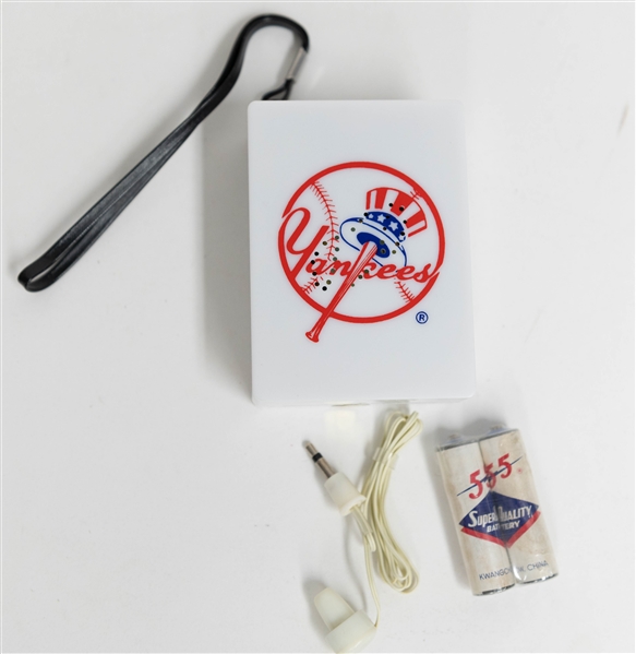 1986 Yankees Transistor Radio in Original Box w. Phil Rizzuto Autograph on Box (PSA/DNA)