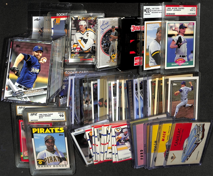 Lot of (180+) Sportscards from 1986-2021 & (9) 1954 Topps World of Wheels Cards w. 1989 Score Traded Randy Johnson PSA 9