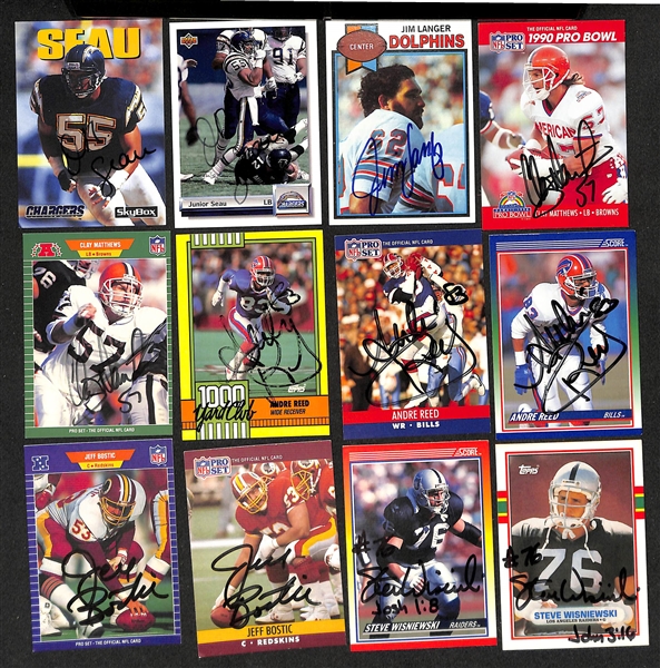 Lot of (350+) Signed Football Cards inc. (2) Junior Seau, Jim Langer, (2) Clay Matthews, (3) Andre Reed, (2) Jeff Bostic, + (JSA Auction Letter)