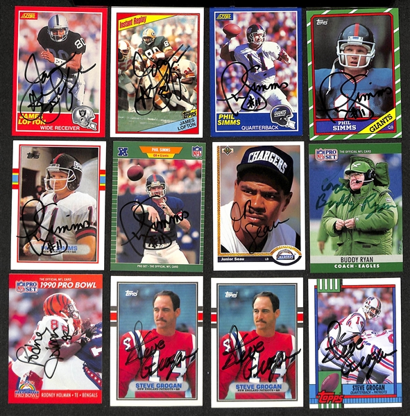 Lot of (350+) Signed Football Cards inc. (2) James Lofton, (4) Phil Sims, Junior Seau, Buddy Ryan, Rodney Holman, (6) Steve Grogan, + (JSA Auction Letter)