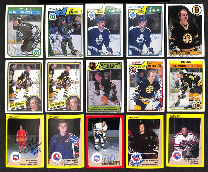 Lot of (200+) Signed Hockey Cards inc. (19) Lanny McDonald, Dennis Maruk, (4) Dan Quinn, (5) Bill Barber, + (JSA Auction Letter)