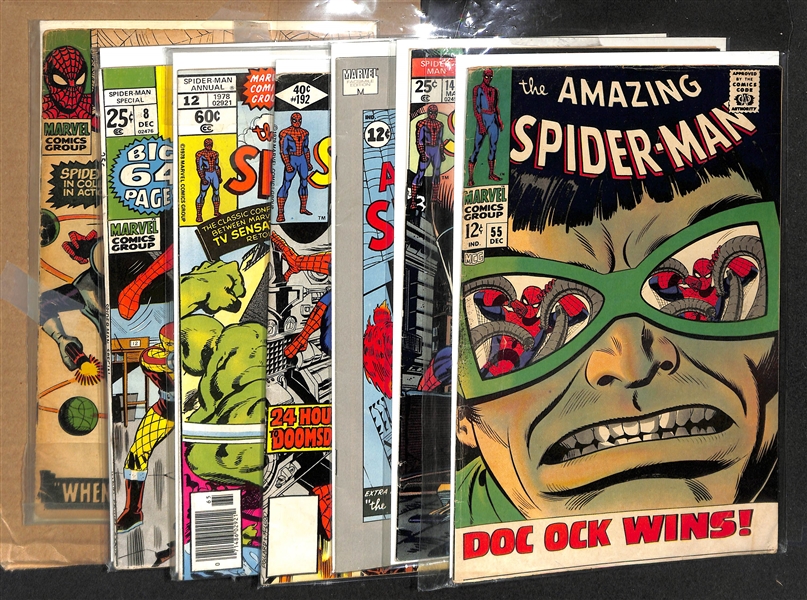 Lot of (7) Amazing Spider-Man Comics w. Issues 144, Marvel Milestone 1, 192, 55, Annual 12, 36, and 8.