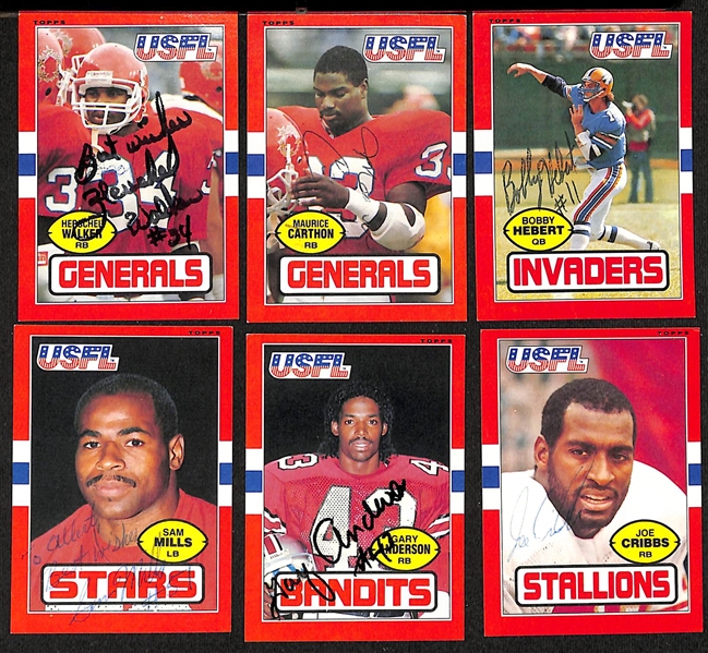 Lot of (18) Signed 1985 Topps USFL Football Rookie Cards inc. Herschel Walker, Maurice Carthon, Bobby Herbert, Sam Mills, Gary Anderson, + (JSA Auction Letter)