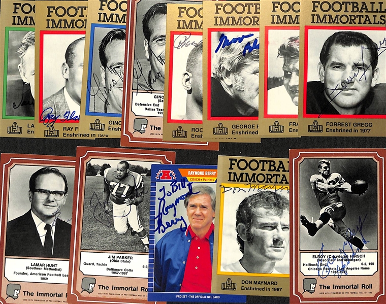 Lot of (13) Signed Hall of Fame Football Cards inc. Forrest Gregg, Frank Gatski, George Blanda, Roosevelt Brown, (2) Gino Marchetti, Ray Flaherty, Larry Wilson, + (JSA Auction Letter)