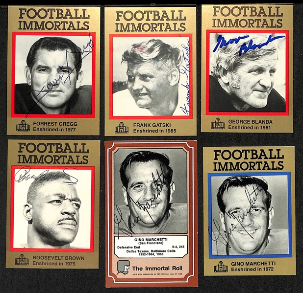 Lot of (13) Signed Hall of Fame Football Cards inc. Forrest Gregg, Frank Gatski, George Blanda, Roosevelt Brown, (2) Gino Marchetti, Ray Flaherty, Larry Wilson, + (JSA Auction Letter)