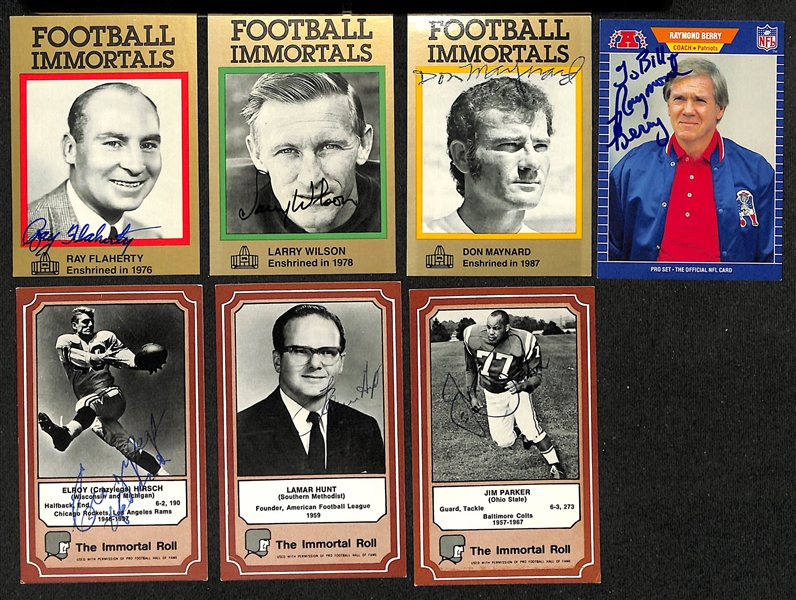 Lot of (13) Signed Hall of Fame Football Cards inc. Forrest Gregg, Frank Gatski, George Blanda, Roosevelt Brown, (2) Gino Marchetti, Ray Flaherty, Larry Wilson, + (JSA Auction Letter)