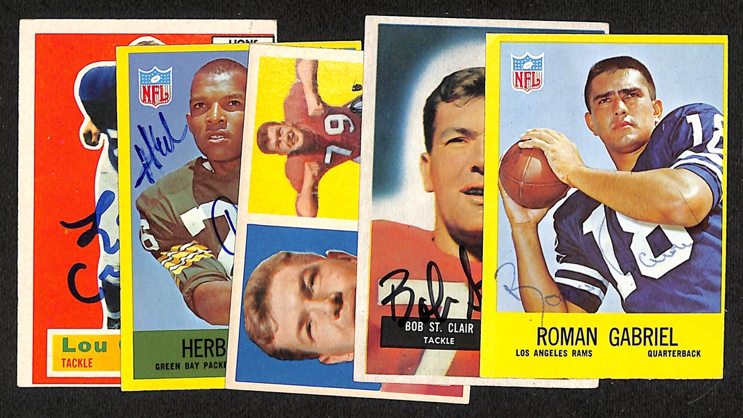 Lot of (5) Signed Vintage Football Cards- Roman Gabriel, (2) Bob St Clair, Herb Adderly, Lou Creekmur (JSA Auction Letter) 