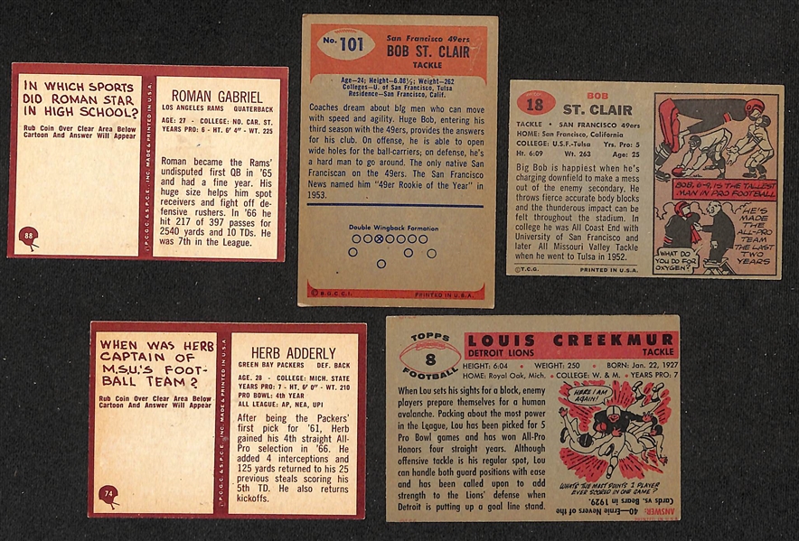 Lot of (5) Signed Vintage Football Cards- Roman Gabriel, (2) Bob St Clair, Herb Adderly, Lou Creekmur (JSA Auction Letter) 