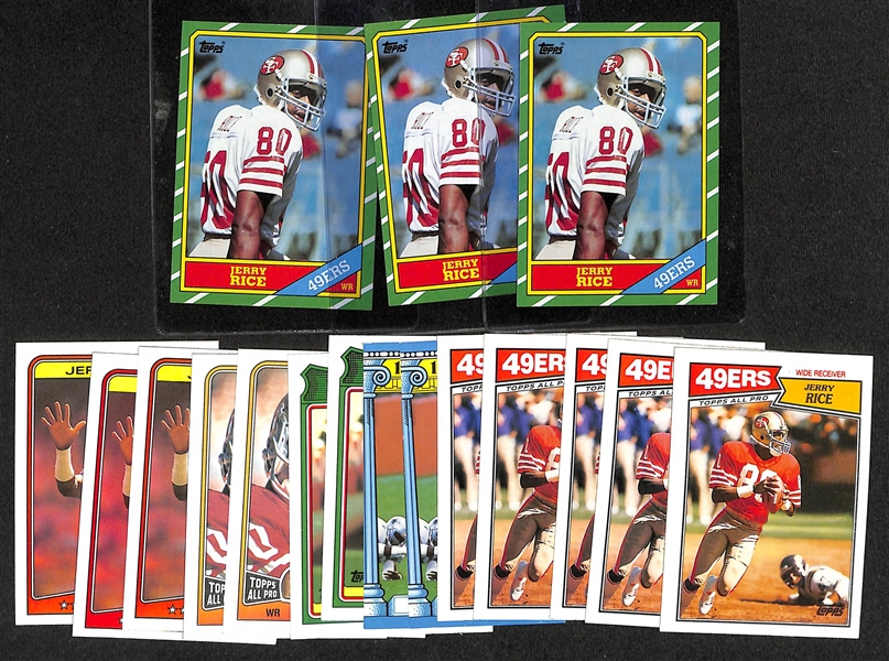 Lot of (17) Jerry Rice Cards- (3) 1986 Topps Rookies, (5) 1987 Topps, (2) 1987 Topps 100 Yard Club, (2) 1988 Topps 1000 Yard Club, (2) 1988 Topps, and (3) 1988 Topps Record Breakers