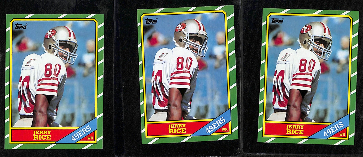 Lot of (17) Jerry Rice Cards- (3) 1986 Topps Rookies, (5) 1987 Topps, (2) 1987 Topps 100 Yard Club, (2) 1988 Topps 1000 Yard Club, (2) 1988 Topps, and (3) 1988 Topps Record Breakers