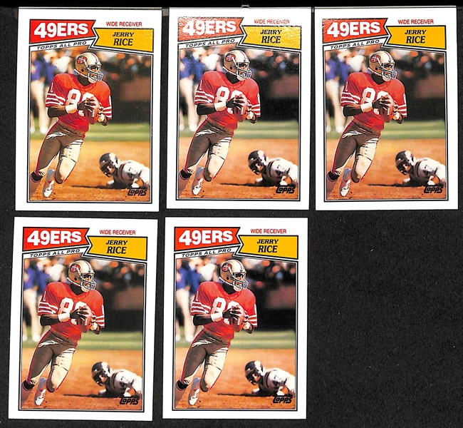 Lot of (17) Jerry Rice Cards- (3) 1986 Topps Rookies, (5) 1987 Topps, (2) 1987 Topps 100 Yard Club, (2) 1988 Topps 1000 Yard Club, (2) 1988 Topps, and (3) 1988 Topps Record Breakers