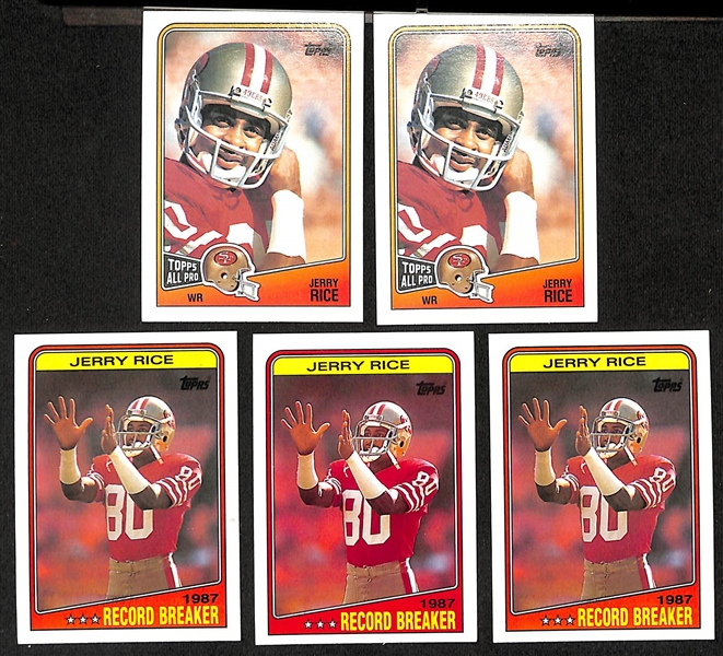 Lot of (17) Jerry Rice Cards- (3) 1986 Topps Rookies, (5) 1987 Topps, (2) 1987 Topps 100 Yard Club, (2) 1988 Topps 1000 Yard Club, (2) 1988 Topps, and (3) 1988 Topps Record Breakers