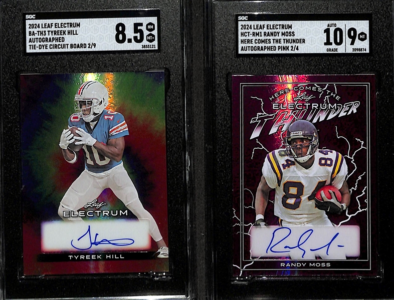 (2) 2024 Leaf Electrum Autographed SGC Graded Football Cards w. Tyreek Hill #/9 and Randy Moss #/4