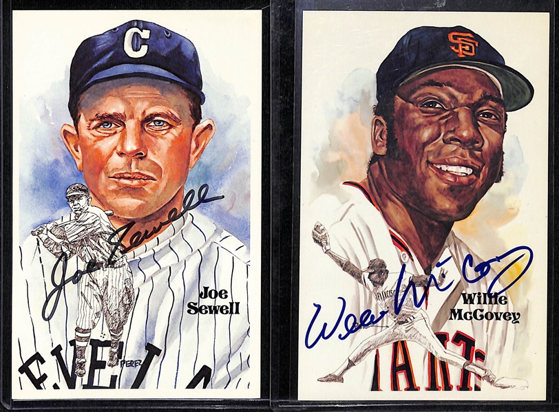 (5) Signed Perez-Steele HOF Postcards & (2) Signed HOF Plaque Cards w. Gehringer, Chandler, Roberts, Sewell, McCovey, Kell, Mize (JSA Auction Letter)