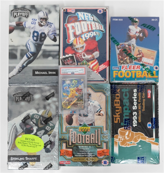 Lot of (5) Sealed 1990s Football Boxes + 2022 Pokemon Pikachu Pre Order Promo (PSA 10)- 1992 Upper Deck Series 2, 1995 Playoff Retail, 1993 SkyBox Impact, 1991 Upper Deck, 1998 Fleer, (18) Loose...