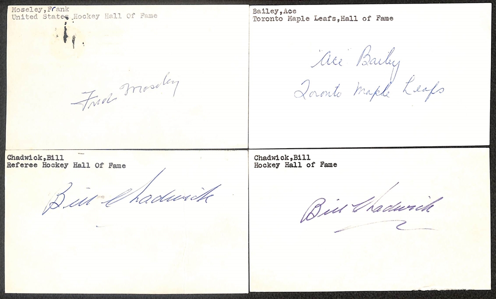 Lot of (17) Signed Hockey Hall of Famer Index Cards inc. Frank Moseley, Ace Bailey, (3) Bill Chadwick, Ray Chaisson, + (Beckett BAS Reviewed)