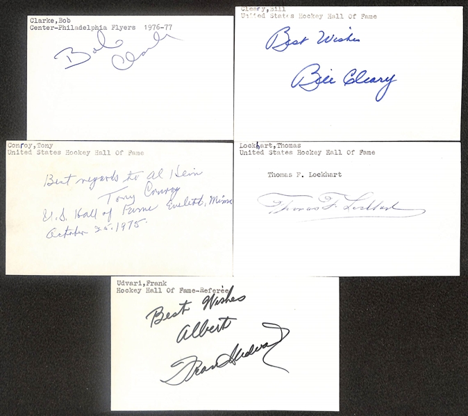 Lot of (17) Signed Hockey Hall of Famer Index Cards inc. Frank Moseley, Ace Bailey, (3) Bill Chadwick, Ray Chaisson, + (Beckett BAS Reviewed)