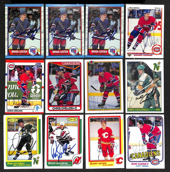 Lot of (350+) Signed Hockey Cards inc. (3) Brian Leetch, (4) Chris Chelios, (2) Dino Ciccarelli, Doug Sulliman, Gary Suter, Bob Gainey, + (JSA Auction Letter)