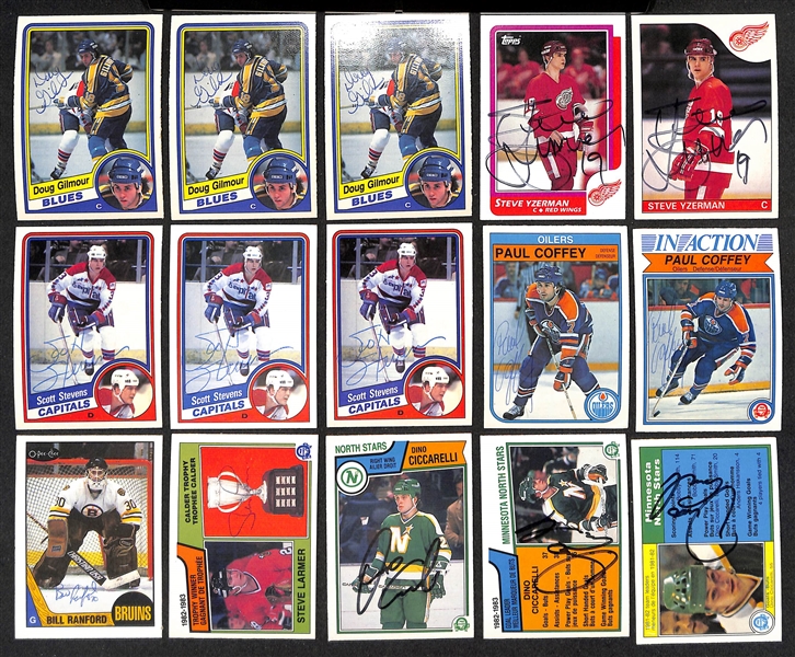  Lot of (350+) Signed Hockey Cards inc. (3) Doug Gilmour, (2) Steve Yzerman, (3) Scott Stevens, (2) Paul Coffey, Bill Ranford, Steve Larmer, + (JSA Auction Letter)