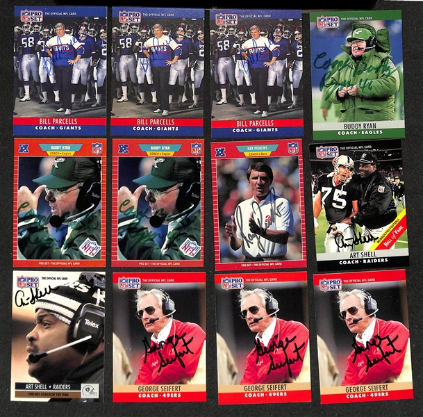 Lot of (70+) Signed Football Coach Cards inc. (3) Bill Parcells, (3) Buddy Ryan, Ray Perkins, (2) Art Shell, (4) George Seifert, + (JSA Auction Letter) 