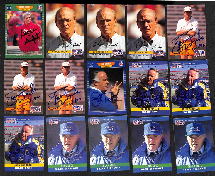 Lot of (70+) Signed Football Coach Cards inc. (3) Bill Parcells, (3) Buddy Ryan, Ray Perkins, (2) Art Shell, (4) George Seifert, + (JSA Auction Letter) 