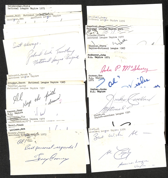 Lot of (40+) Signed Baseball Umpire Index Cards inc. Jocko Conlan, Tom Gorman, John McSherry, Steve Rippley, Frank Pulli, + (JSA Auction Letter)