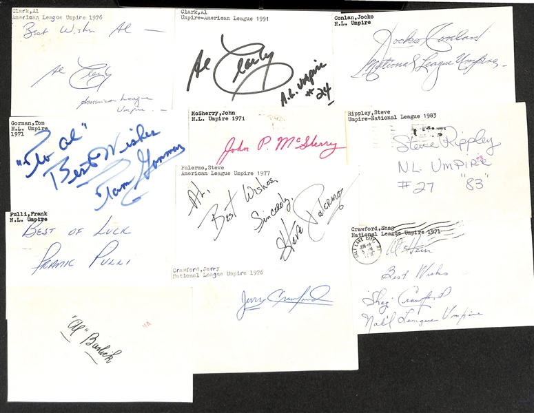 Lot of (40+) Signed Baseball Umpire Index Cards inc. Jocko Conlan, Tom Gorman, John McSherry, Steve Rippley, Frank Pulli, + (JSA Auction Letter)