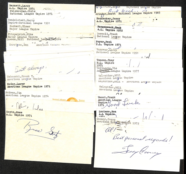 Lot of (40+) Signed Baseball Umpire Index Cards inc. Jocko Conlan, Tom Gorman, John McSherry, Steve Rippley, Frank Pulli, + (JSA Auction Letter)