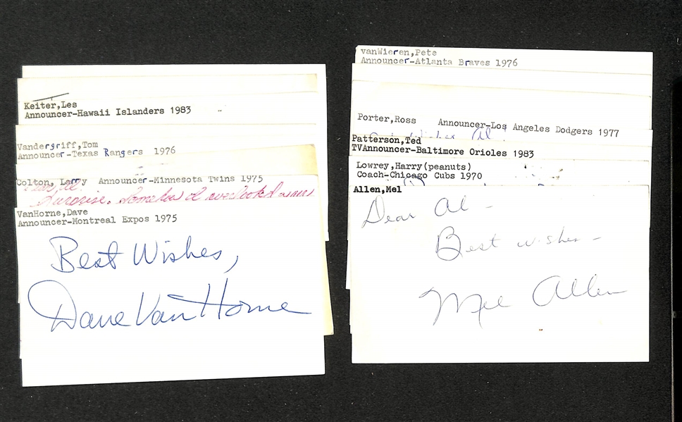 Lot of (15) Signed Baseball Announcer Index Cards inc. Pete Van Wieren, Mel Allen, Harry Lowrey, Ted Patterson, + (JSA Auction Letter)