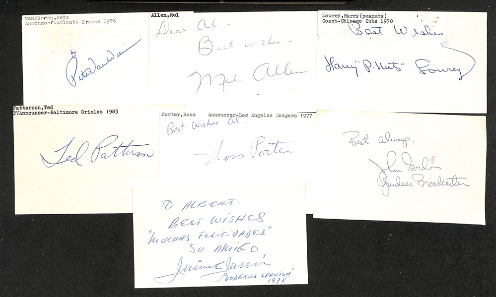 Lot of (15) Signed Baseball Announcer Index Cards inc. Pete Van Wieren, Mel Allen, Harry Lowrey, Ted Patterson, + (JSA Auction Letter)