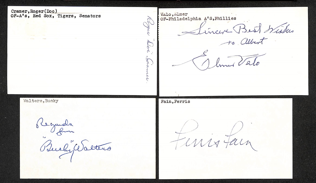 Lot of (55+) Signed Baseball Philadelphia Athletics Index Cards inc. Elmer Valo, Bucky Walters, (2) Ferris Fain, Frank Callaway, Doc Cramer + (JSA Auction Letter) 